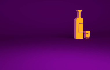 Portakallı viski şişesi ve mor arka planda izole edilmiş cam ikon. Minimalizm kavramı. 3d illüstrasyon 3B canlandırma.