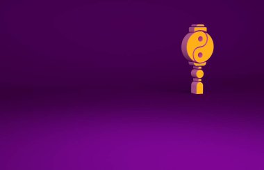 Mor arkaplanda izole edilmiş turuncu Yin Yang armoni ve denge simgesi. Minimalizm kavramı. 3d illüstrasyon 3B canlandırma.