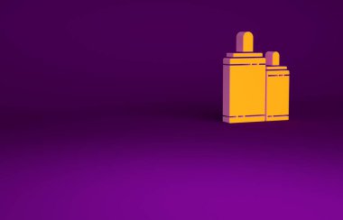 Mor arkaplanda izole edilmiş turuncu havai fişek simgesi. Eğlence partisi anlayışı. Patlayıcı havai fişek sembolü. Minimalizm kavramı. 3d illüstrasyon 3B canlandırma.