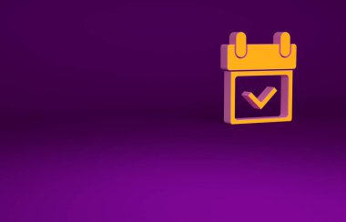 Mor arkaplanda işaretleme simgesine sahip turuncu takvim. Minimalizm kavramı. 3d illüstrasyon 3B canlandırma.