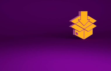 Mor zemin üzerinde trafik sembolü simgesi olan turuncu karton kutu. Kutu, paket, paket. Teslimat, ulaşım ve nakliye. Minimalizm kavramı. 3d illüstrasyon 3B canlandırma.