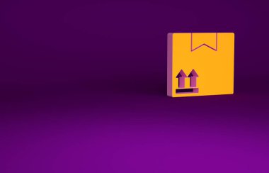 Mor zemin üzerinde trafik sembolü simgesi olan turuncu karton kutu. Kutu, paket, paket. Teslimat, ulaşım ve nakliye. Minimalizm kavramı. 3d illüstrasyon 3B canlandırma.