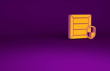 Mor zemin üzerinde kalkan simgesi olan turuncu paket güvenliği. Teslimat sigortası. Kalkanın ötesinde sigorta kutuları var. Minimalizm kavramı. 3d illüstrasyon 3B canlandırma.