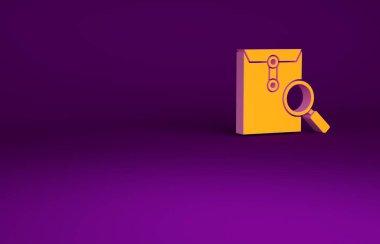 Mor zemin üzerinde izole edilmiş büyüteç simgesi olan turuncu zarflı posta. Minimalizm kavramı. 3d illüstrasyon 3B canlandırma.