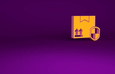 Mor zemin üzerinde kalkan simgesi olan turuncu paket güvenliği. Teslimat sigortası. Kalkanın ötesinde sigorta kutuları var. Minimalizm kavramı. 3d illüstrasyon 3B canlandırma.