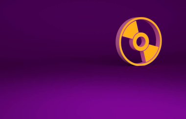 Mor arkaplanda izole edilmiş turuncu CD veya DVD disk simgesi. Küçük disk işareti. Minimalizm kavramı. 3d illüstrasyon 3B canlandırma.