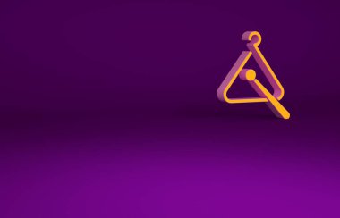 Mor arkaplanda izole edilmiş turuncu üçgen müzik aleti ikonu. Minimalizm kavramı. 3d illüstrasyon 3B canlandırma.