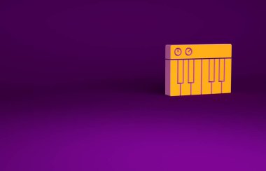 Mor arkaplanda izole edilmiş turuncu müzik sentezleyici simgesi. Elektronik piyano. Minimalizm kavramı. 3d illüstrasyon 3B canlandırma.