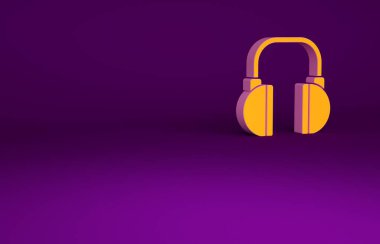 Mor arka planda izole edilmiş turuncu kulaklık simgesi. Kulaklıklar. Müzik, hizmet, iletişim ve operatör konsepti. Minimalizm kavramı. 3d illüstrasyon 3B canlandırma.