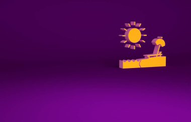 Mor arka planda izole edilmiş şemsiyeli ve sandalye ikonlu Orange Beach. Tropik plaj manzarası. Güneşli bir gün. Minimalizm kavramı. 3d illüstrasyon 3B canlandırma.