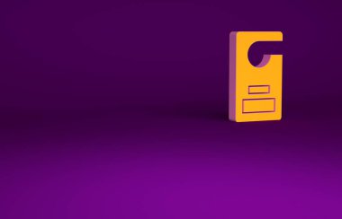 Turuncu Lütfen mor arkaplanda izole edilmiş simgeyi rahatsız etmeyin. Otel Kapısı Askısı Etiketleri. Minimalizm kavramı. 3d illüstrasyon 3B canlandırma.