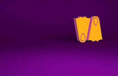 Mor arka planda izole edilmiş yüzme ikonu için turuncu plastik paletler. Dalış ekipmanları. Olağanüstü bir spor. Spor malzemeleri. Minimalizm kavramı. 3d illüstrasyon 3B canlandırma.