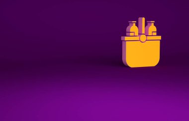 Mor zemin üzerinde turuncu soğutucu poşeti ve su ikonu izole edilmiş. Taşınabilir dondurucu çantası. El bilgisayarı buzdolabı. Minimalizm kavramı. 3d illüstrasyon 3B canlandırma.