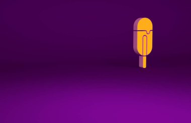 Mor arkaplanda izole edilmiş turuncu dondurma ikonu. Güzel sembol. Minimalizm kavramı. 3d illüstrasyon 3B canlandırma.