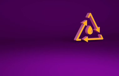 Mor arka planda izole edilmiş turuncu yağ damlası ve geri dönüşüm simgesi. Minimalizm kavramı. 3d illüstrasyon 3B canlandırma.
