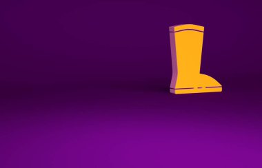 Mor arka planda izole edilmiş turuncu su geçirmez lastik bot ikonu. Yağmurlu hava, balıkçılık, bahçe işleri için çizme. Minimalizm kavramı. 3d illüstrasyon 3B canlandırma.