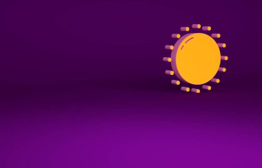Mor arkaplanda izole edilmiş turuncu güneş simgesi. Yaz sembolü. Güneşli bir gün. Minimalizm kavramı. 3d illüstrasyon 3B canlandırma.