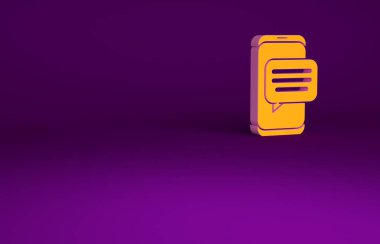 Mor arkaplanda izole edilmiş telefon simgesindeki turuncu yeni sohbet mesajları bildirimi. Smartphone sohbet mesajları konuşma baloncukları. Minimalizm kavramı. 3d illüstrasyon 3B canlandırma.