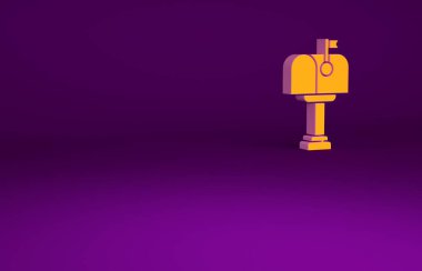 Mor arkaplanda izole edilmiş turuncu posta kutusu simgesi. Posta kutusu simgesi. Posta kutusunda bayrak var. Minimalizm kavramı. 3d illüstrasyon 3B canlandırma.