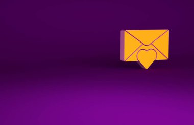 Mor arka planda Sevgililer Günü kalp ikonu olan turuncu zarf. Mesaj aşkım. Aşk ve romantizm mektubu. Minimalizm kavramı. 3d illüstrasyon 3B canlandırma.