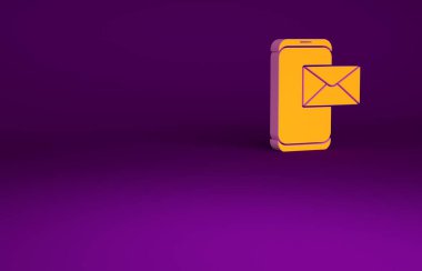 Turuncu cep telefonu ve zarf, yeni mesaj, mor arkaplanda izole edilmiş posta simgesi. E-posta bültenleri, başlıklar, blog yazıları için kullanım. Minimalizm kavramı. 3d illüstrasyon 3B canlandırma.