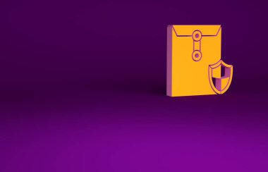 Mor arka planda izole edilmiş turuncu zarf. Sigorta konsepti. Güvenlik, güvenlik, koruma, konsept koruma. Minimalizm kavramı. 3d illüstrasyon 3B canlandırma.