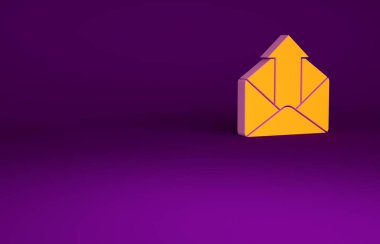 Mor arkaplanda turuncu giden posta simgesi izole edildi. Zarf sembolü. Giden mesaj işareti. Posta yön bulma düğmesi. Minimalizm kavramı. 3d illüstrasyon 3B canlandırma.