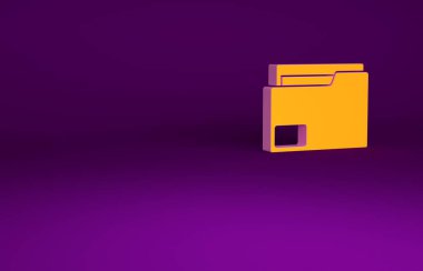 Mor arkaplanda izole edilmiş Turuncu Belge dosya simgesi. Muhasebe klasörü sembolü. Muhasebe yönetimi. Minimalizm kavramı. 3d illüstrasyon 3B canlandırma.
