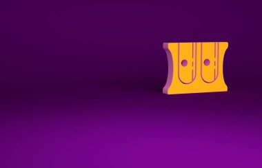 Mor arkaplanda izole edilmiş turuncu kalem açacağı simgesi. Minimalizm kavramı. 3d illüstrasyon 3B canlandırma.