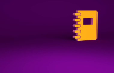 Mor arkaplanda izole edilmiş turuncu defter simgesi. Spiral not defteri simgesi. Okul defteri. Yazı tahtası. Okul günlüğü. Minimalizm kavramı. 3d illüstrasyon 3B canlandırma.