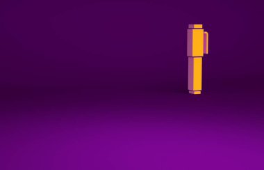 Mor arkaplanda izole edilmiş turuncu kalem simgesi. Minimalizm kavramı. 3d illüstrasyon 3B canlandırma.