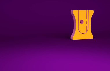 Mor arkaplanda izole edilmiş turuncu kalem açacağı simgesi. Minimalizm kavramı. 3d illüstrasyon 3B canlandırma.