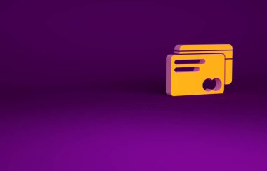 Mor arkaplanda turuncu kredi kartı simgesi izole edildi. Çevrimiçi ödeme. Nakit çekilmesi. Finansal operasyonlar. Alışveriş tabelası. Minimalizm kavramı. 3d illüstrasyon 3B canlandırma.