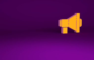 Mor arkaplanda izole edilmiş turuncu megafon simgesi. Yüksek sesle konuşma uyarısı. Ağızlık için megafon, terfi diye bağırıyor. Minimalizm kavramı. 3d illüstrasyon 3B canlandırma.