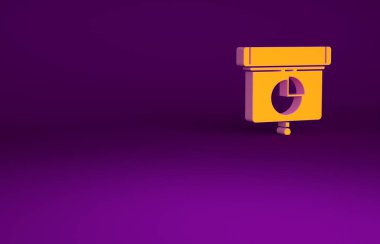 Grafik, çizelge, grafik, diyagram, bilgi grafiği ve mor arkaplanda izole edilmiş turta grafik ikonu içeren Turuncu Sunum Finansal İş Kurulu. Minimalizm kavramı. 3d illüstrasyon 3B canlandırma.