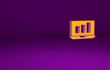 Mor arkaplanda grafik grafik simgesi olan turuncu dizüstü bilgisayar. Metin dosya simgesini rapor et. Muhasebe tabelası. Denetim, analiz, planlama. Minimalizm kavramı. 3d illüstrasyon 3B canlandırma.