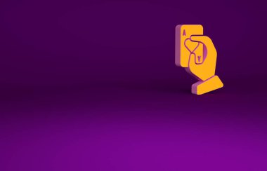 Mor arka planda izole edilmiş Turuncu El iskambil kağıdını tutuyor. Kumarhane oyun tasarımı. Minimalizm kavramı. 3d illüstrasyon 3B canlandırma.