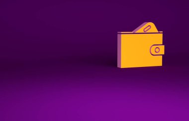 Portakal rengi cüzdan, deste deste deste kağıt para nakit para ikonu mor arka planda izole. Çanta ikonu. Nakit tasarruf sembolü. Minimalizm kavramı. 3d illüstrasyon 3B canlandırma.