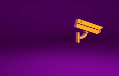 Mor arka planda izole edilmiş turuncu güvenlik kamerası simgesi. Minimalizm kavramı. 3d illüstrasyon 3B canlandırma.