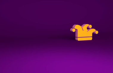 Mor arka planda izole edilmiş turuncu Joker iskambil simgesi. Çanları olan soytarı şapkası. Kumarhane kumarı. Minimalizm kavramı. 3d illüstrasyon 3B canlandırma.