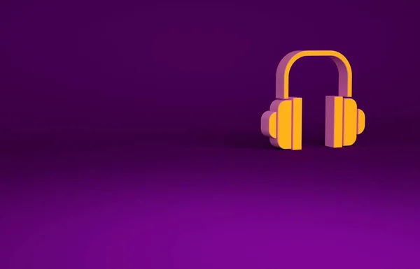 Orange Headphones icon isolated on purple background. Support customer service, hotline, call center, faq, maintenance. Minimalism concept. 3d illustration 3D render.