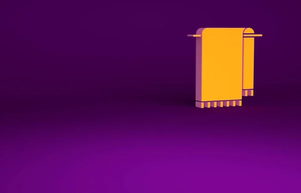 用紫色背景隔离的衣架图标上的橙色毛巾 浴室毛巾图标 最低纲领的概念 3D渲染3D插图 — 图库照片