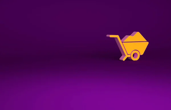 Orangefarbene Schubkarre Mit Schmutzsymbol Auf Violettem Hintergrund Werkzeugausrüstung Landwirtschaftlicher Fuhrmannbetrieb — Stockfoto