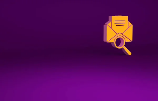 オレンジ紫色の背景に拡大鏡のアイコンが分離された封筒メール 最小限の概念 3Dイラスト3Dレンダリング — ストック写真