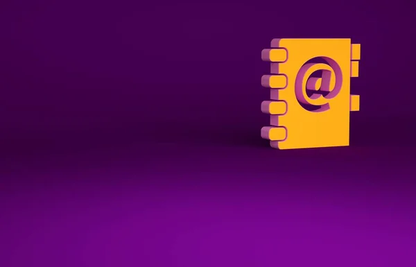 橙色地址书图标孤立在紫色背景 笔记本 联系方式 电话簿图标 最低纲领的概念 3D渲染3D插图 — 图库照片