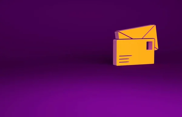 橙色信封图标孤立在紫色背景 电子邮件信件符号 最低纲领的概念 3D渲染3D插图 — 图库照片