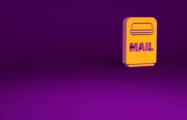 橙色邮箱图标孤立在紫色背景 信箱图标 邮筒上有旗子 最低纲领的概念 3D渲染3D插图 — 图库照片