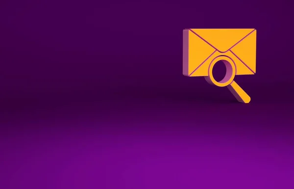 橙色信封邮件与放大镜图标隔离在紫色背景 最低纲领的概念 3D渲染3D插图 — 图库照片