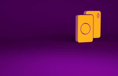 Mor arkaplanda izole edilmiş turuncu iskambil kağıdı simgesi. Kumarhane kumarı. Minimalizm kavramı. 3d illüstrasyon 3B canlandırma.