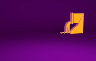 Mor arkaplanda izole edilmiş turuncu atık su simgesi. Kanalizasyon borusu. Borudan nehre sıvı akıyor. Minimalizm kavramı. 3d illüstrasyon 3B canlandırma.